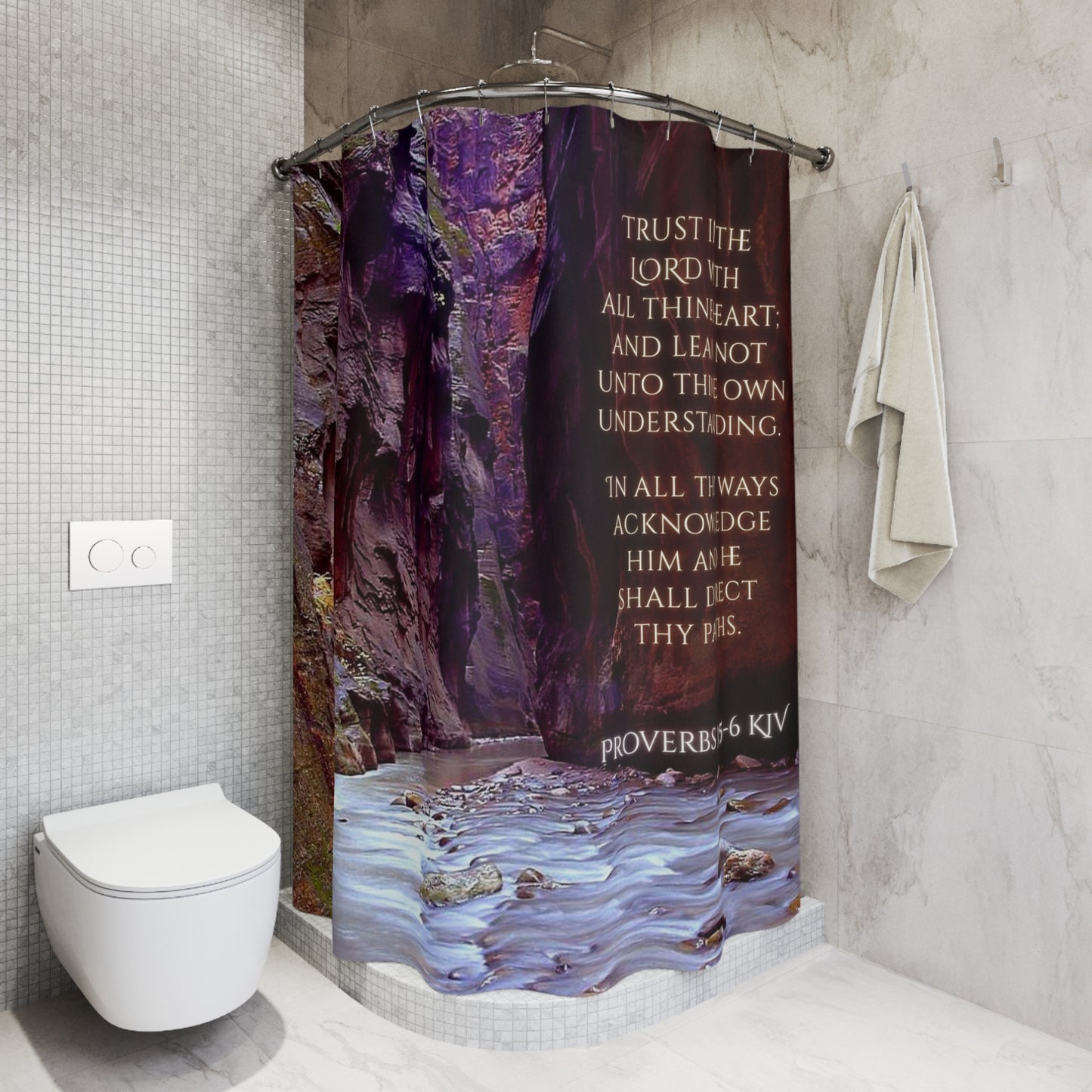 Proverbs 3:5-6 Shower Curtain — Trust in the Lord Stone Canal Cinzel Deco Scenic River Bathroom Decor