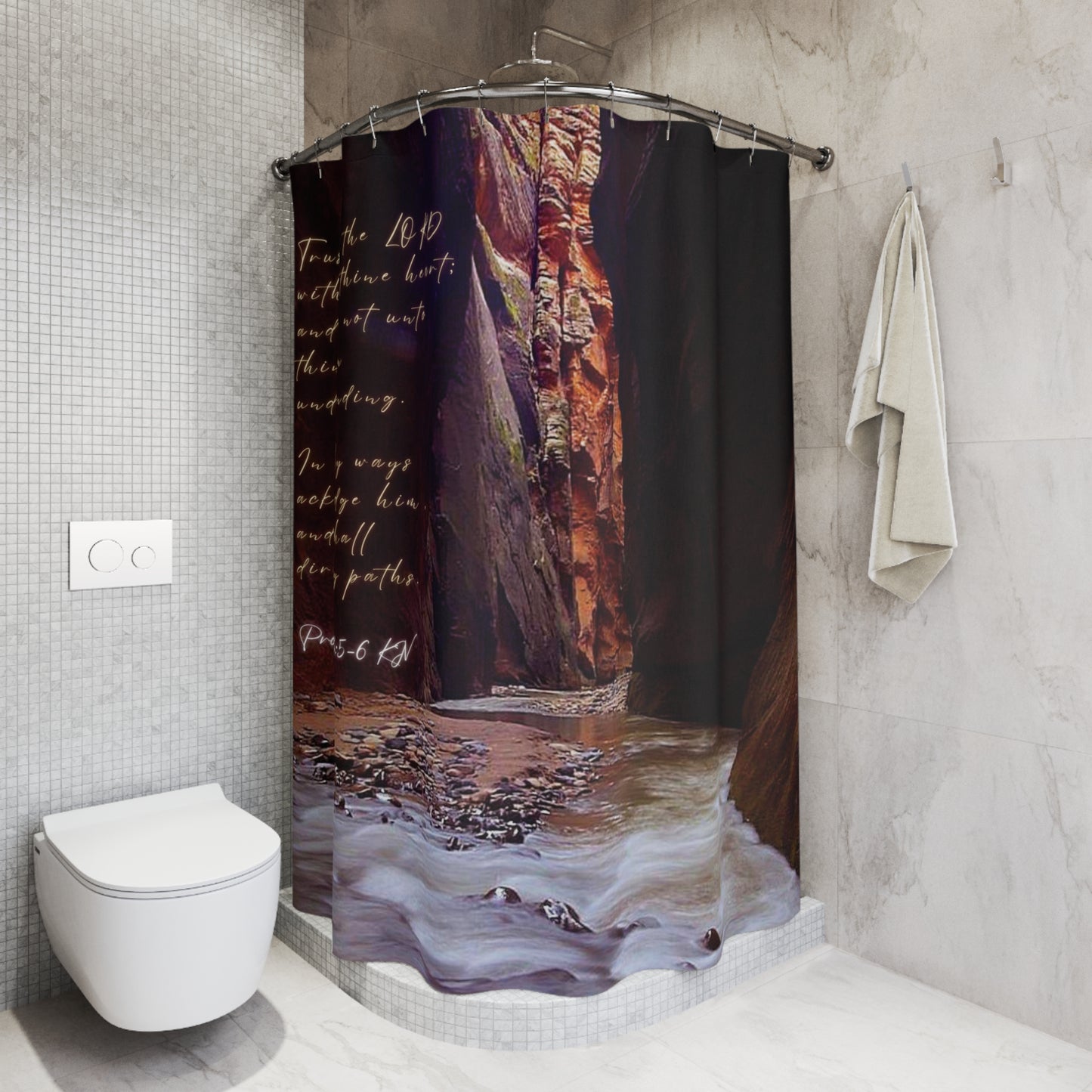 Proverbs 3:5-6 Shower Curtain — Trust in the Lord Stone Canal Eyesome Script Short Scenic River Bathroom Decor