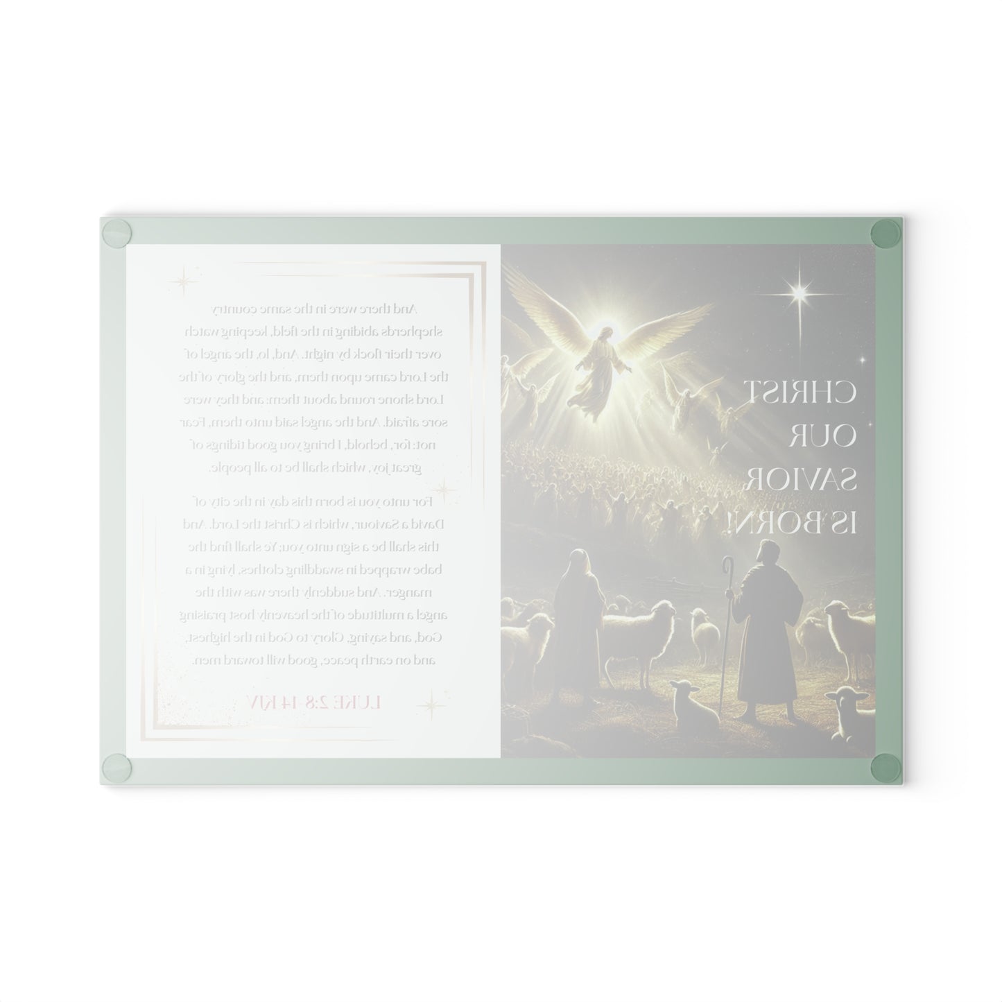 Tempered Glass Cutting Board Dark Green Background — Nativity Angels & Luke 2:11-14 (Christmas Kitchen Decor)