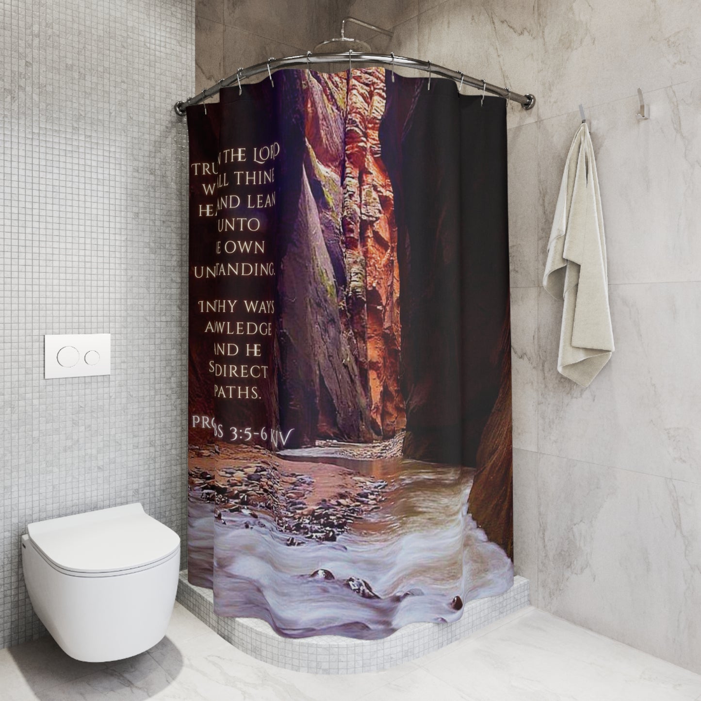 Proverbs 3:5-6 Shower Curtain — Trust in the Lord Stone Canal Cinzel Deco Short Scenic River Bathroom Decor
