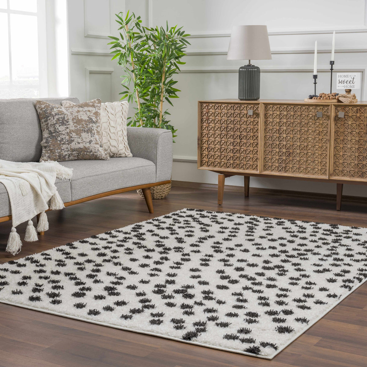 Cansu Black & White Dotted Area Rug