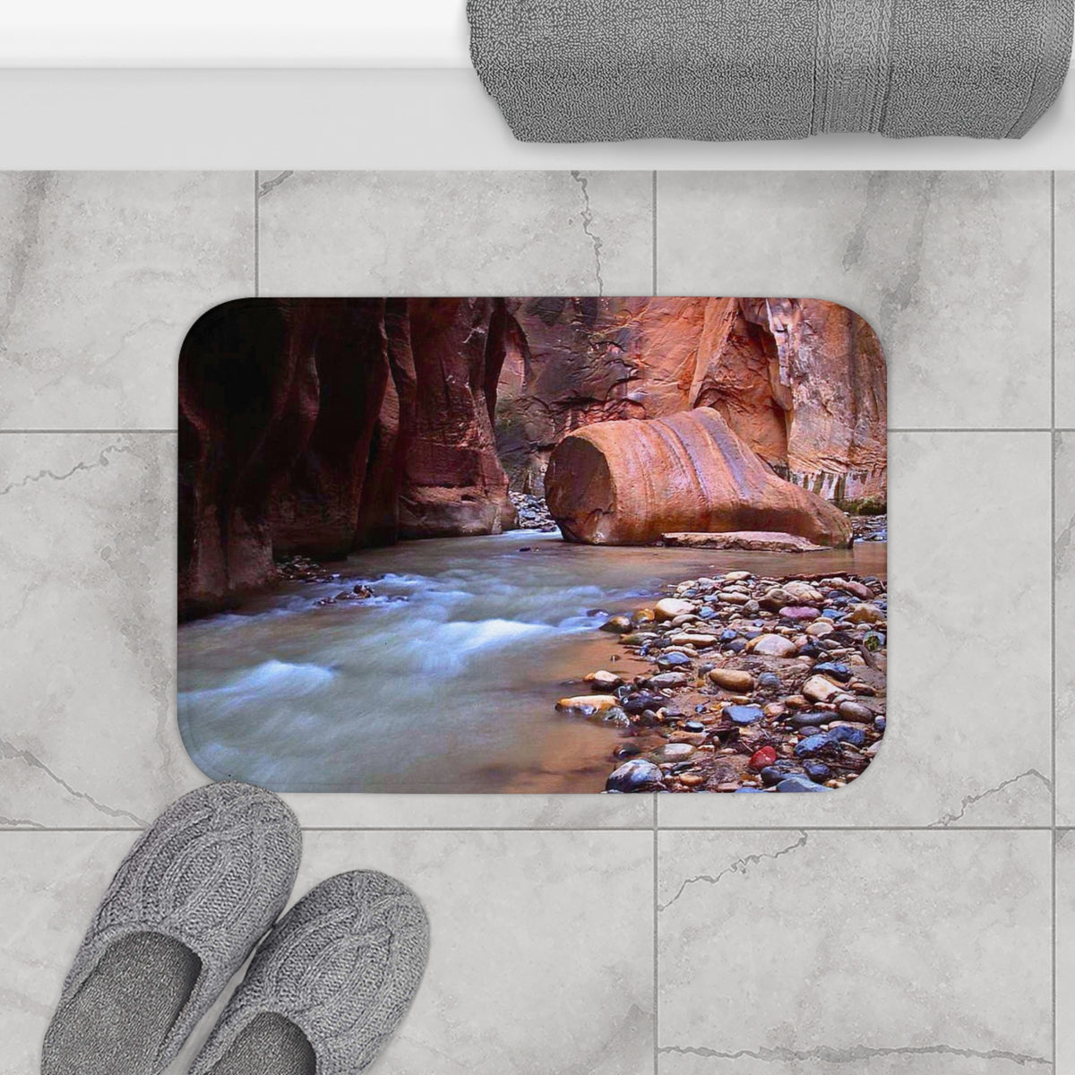 River Canyon Bath Mat — Tranquil Stream and Pebble Scenic Bathroom Rug