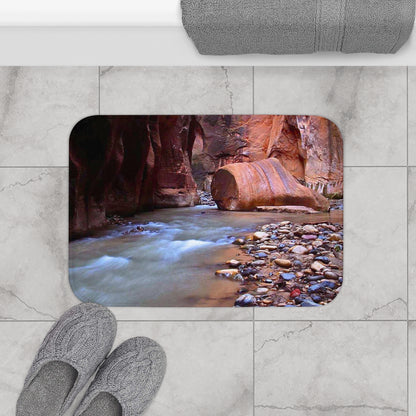 River Canyon Bath Mat — Tranquil Stream and Pebble Scenic Bathroom Rug