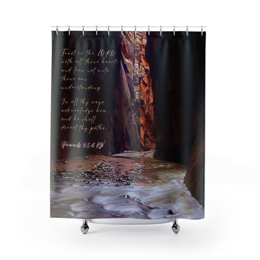 Proverbs 3:5-6 Shower Curtain — Trust in the Lord Stone Canal Eyesome Script Short Scenic River Bathroom Decor