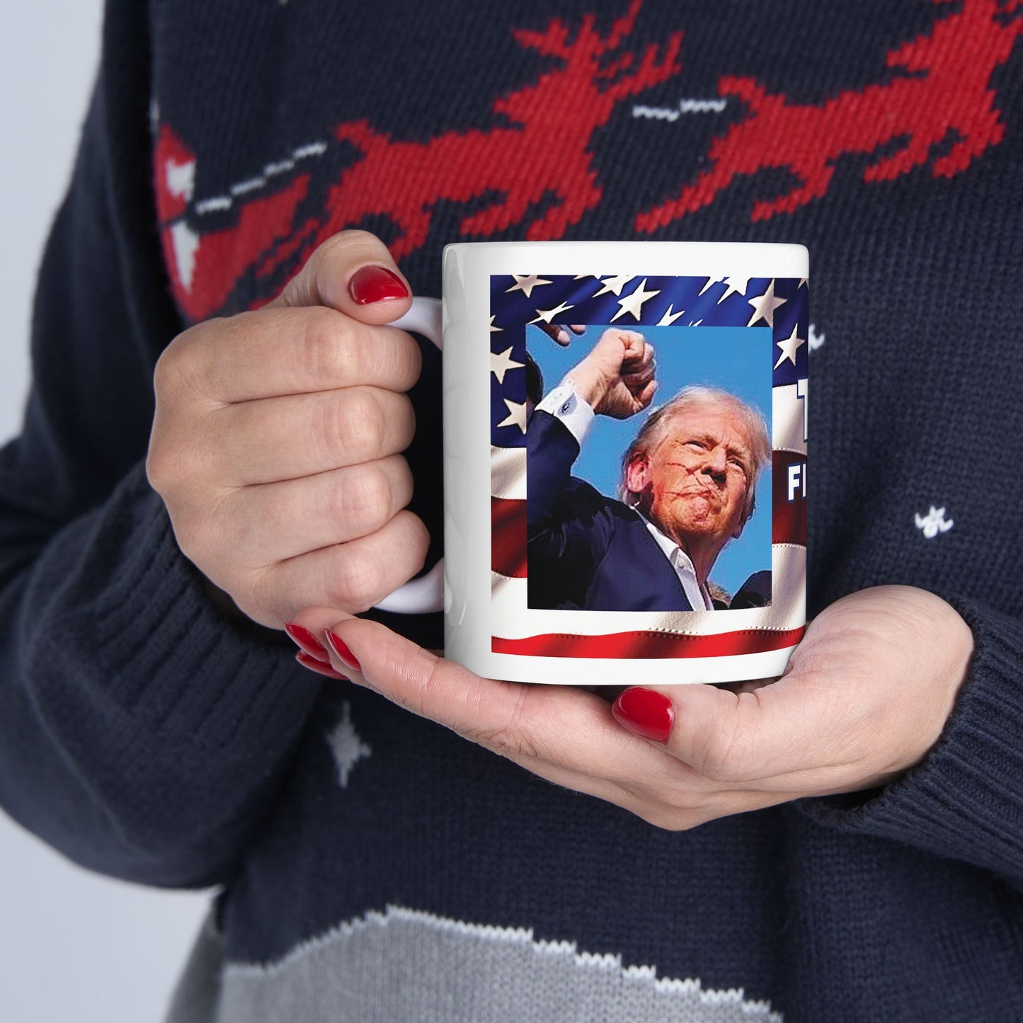 TRUMP AMERICAN FLAG BACKGROUND FIGHT! FIGHT! FIGHT! W/TRUMP IMAGE WHITE CERAMIC MUG - FREE SHIPPING