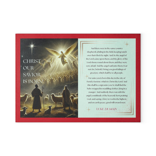 Tempered Glass Cutting Board Dark Red Background — Nativity Angels & Luke 2:11-14 (Christmas Kitchen Decor)