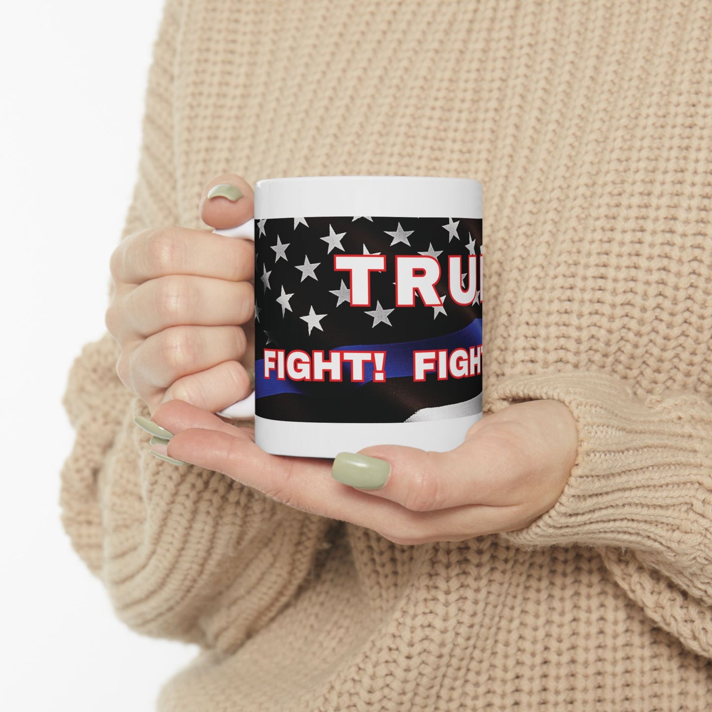 TRUMP LAW ENFORCEMENT FLAG BACKGROUND FIGHT! FIGHT! FIGHT! WHITE CERAMIC MUGS 2 SIZES - FREE SHIPPING