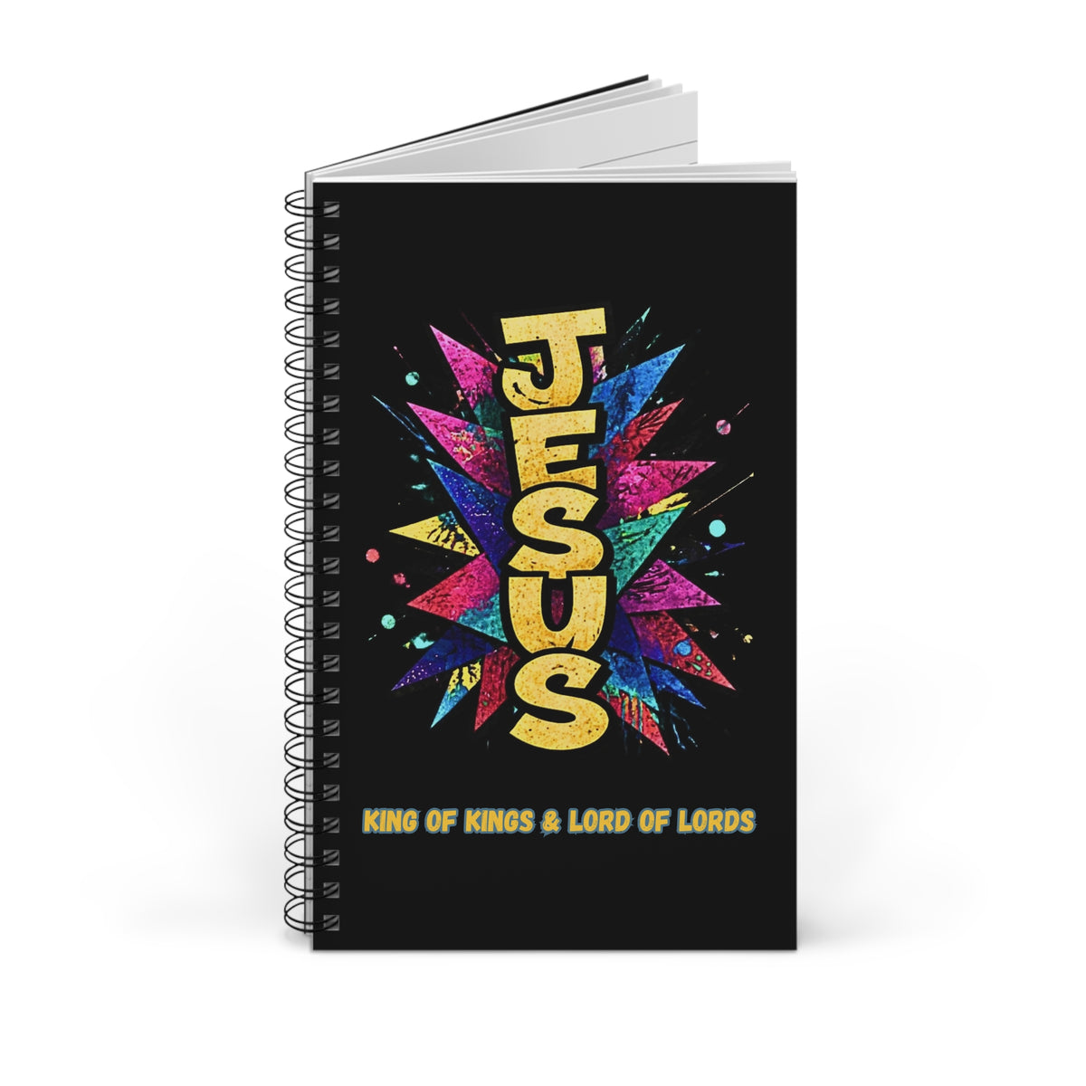 Christian Spiral Journal – "JESUS" Colorful Burst | King of Kings Inspirational Notebook