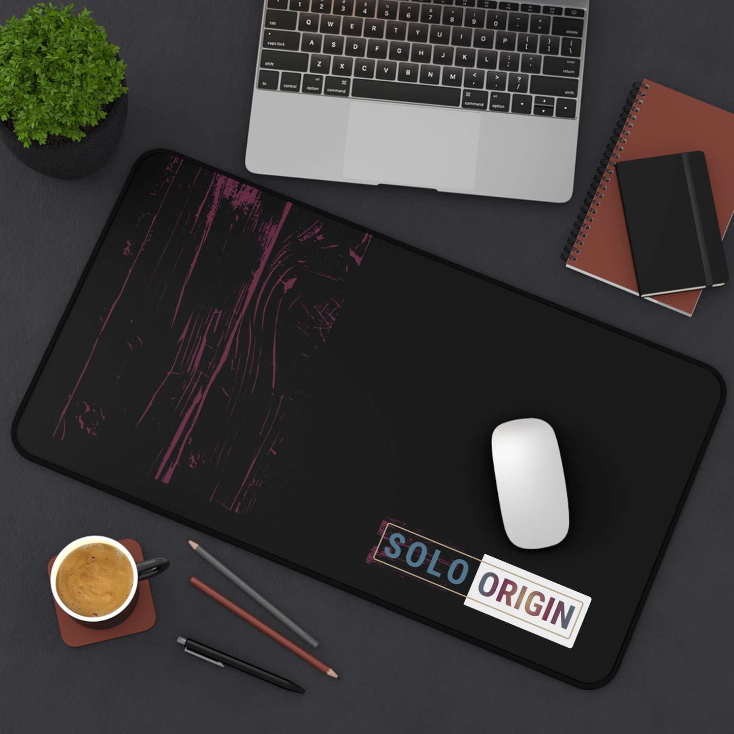 Desk Mat - Minimal Black Mouse Pad with "SOLO ORIGIN" Logo
