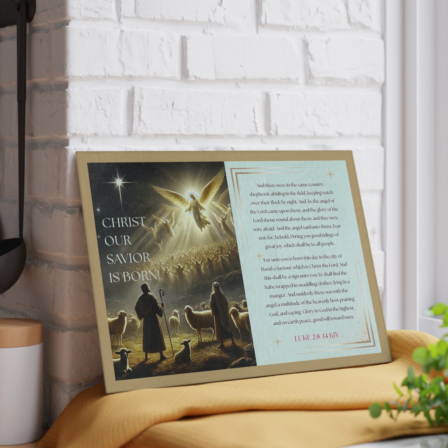 Tempered Glass Cutting Board Gold Background — Nativity Angels & Luke 2:11-14 (Christmas Kitchen Decor)