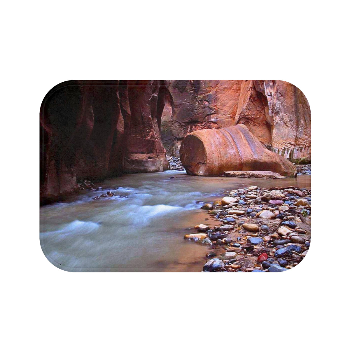 River Canyon Bath Mat — Tranquil Stream and Pebble Scenic Bathroom Rug