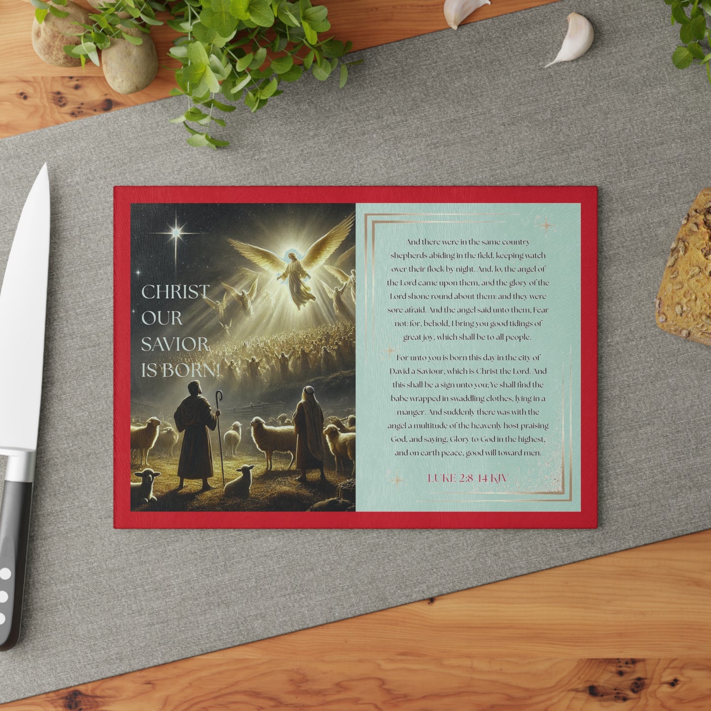 Tempered Glass Cutting Board Dark Red Background — Nativity Angels & Luke 2:11-14 (Christmas Kitchen Decor)
