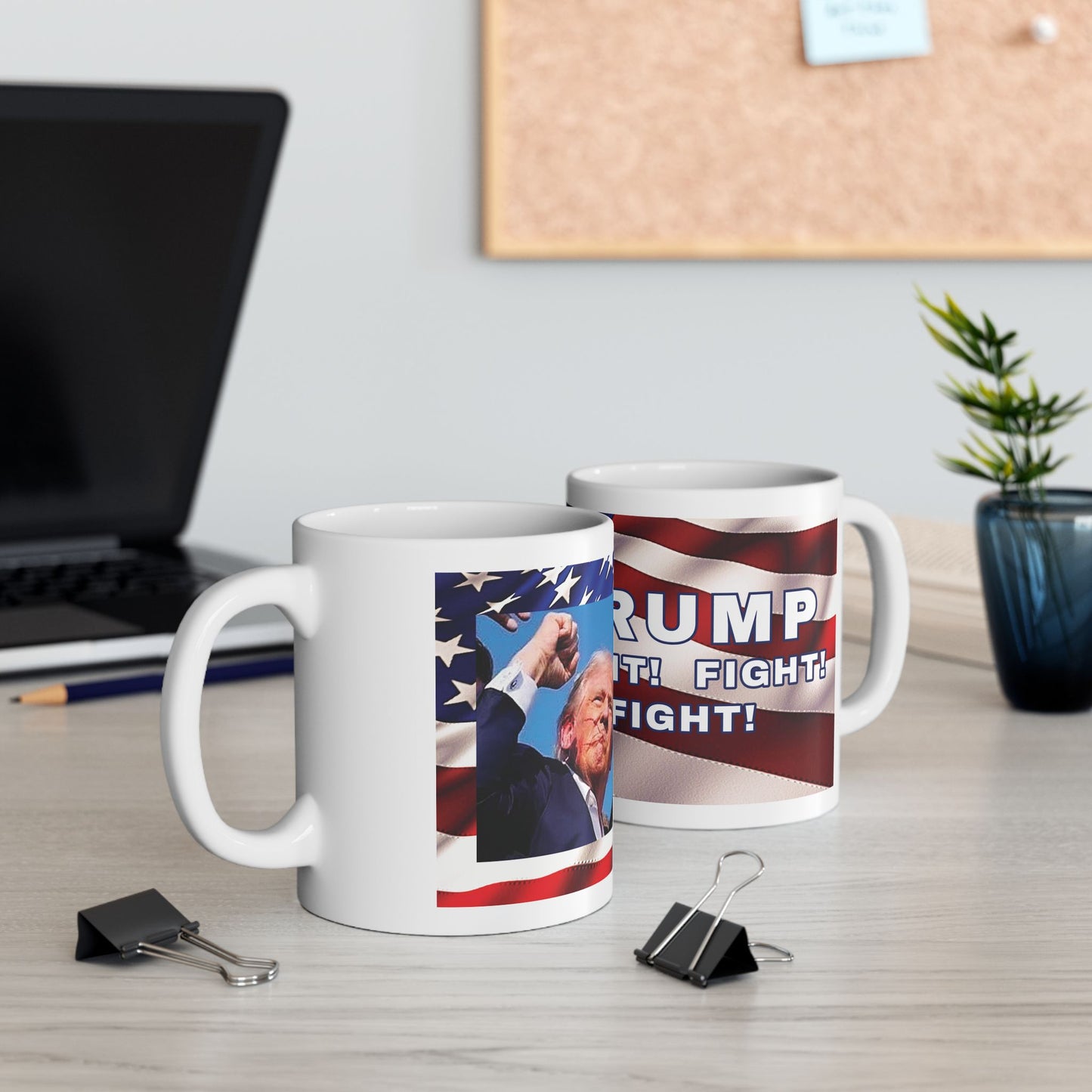 TRUMP AMERICAN FLAG BACKGROUND FIGHT! FIGHT! FIGHT! W/TRUMP IMAGE WHITE CERAMIC MUG - FREE SHIPPING