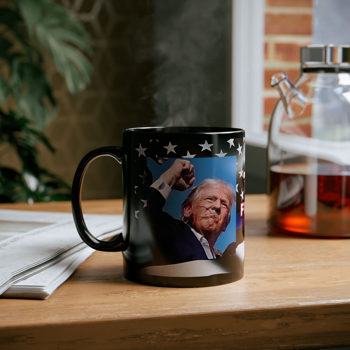 TRUMP LAW ENFORCEMENT FLAG BACKGROUND FIGHT! FIGHT! FIGHT! W/TRUMP IMAGE BLACK CERAMIC MUG 2 SIZES - FREE SHIPPING