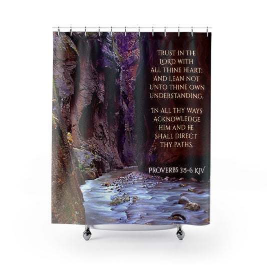 Proverbs 3:5-6 Shower Curtain — Trust in the Lord Stone Canal Cinzel Deco Scenic River Bathroom Decor