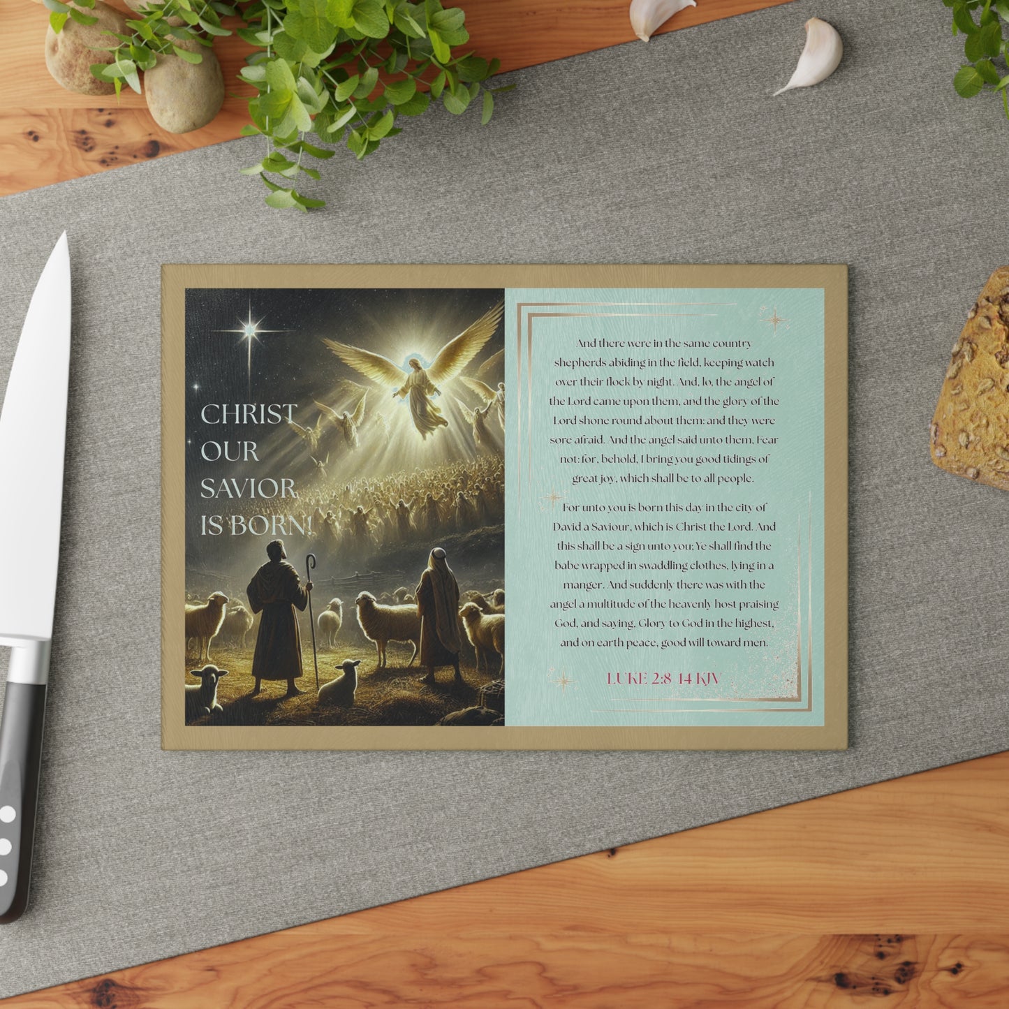 Tempered Glass Cutting Board Gold Background — Nativity Angels & Luke 2:11-14 (Christmas Kitchen Decor)