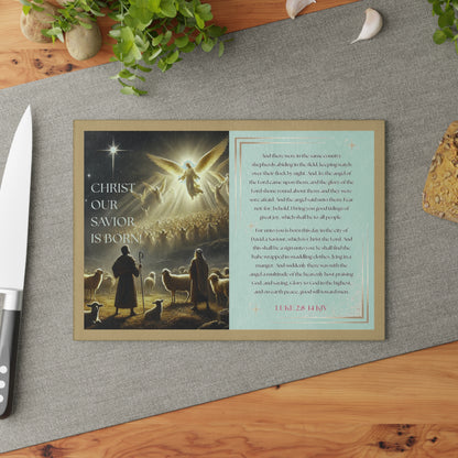 Tempered Glass Cutting Board Gold Background — Nativity Angels & Luke 2:11-14 (Christmas Kitchen Decor)