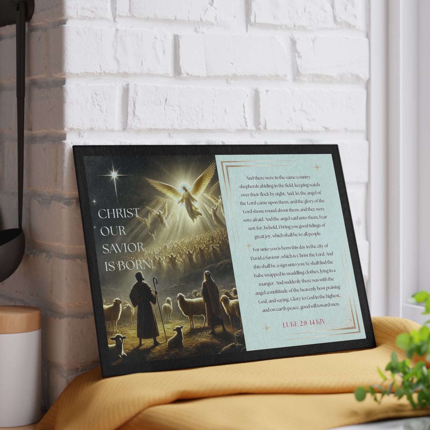 Tempered Glass Cutting Board Black Background — Nativity Angels & Luke 2:11-14 (Christmas Kitchen Decor)