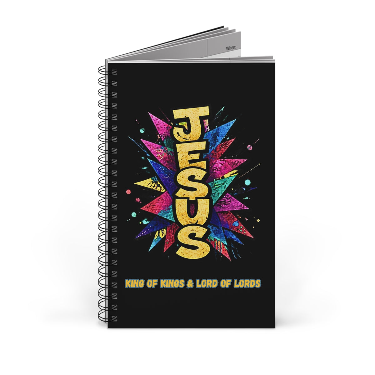 Christian Spiral Journal – "JESUS" Colorful Burst | King of Kings Inspirational Notebook