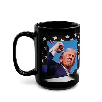 TRUMP LAW ENFORCEMENT FLAG BACKGROUND FIGHT! FIGHT! FIGHT! W/TRUMP IMAGE BLACK CERAMIC MUG 2 SIZES - FREE SHIPPING