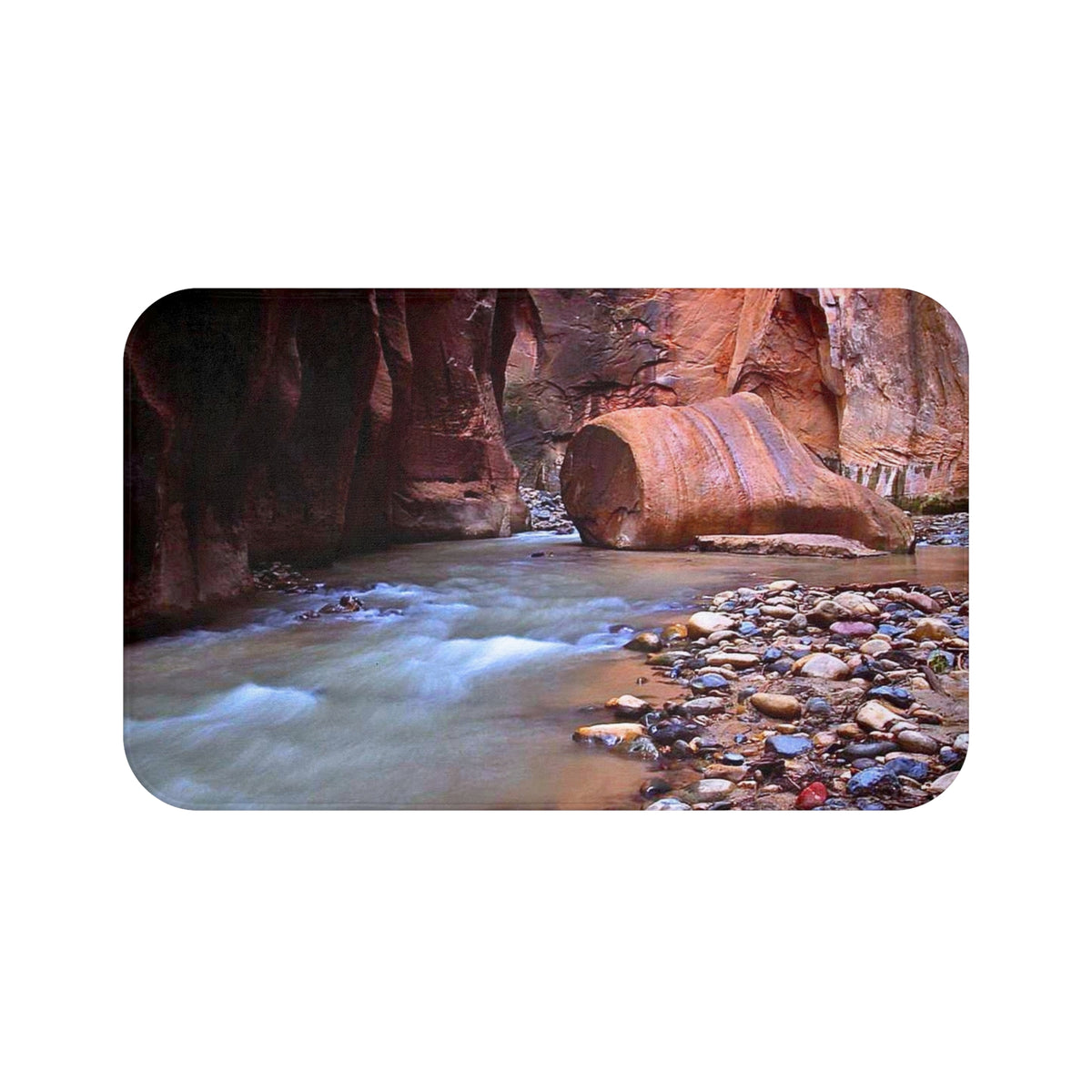 River Canyon Bath Mat — Tranquil Stream and Pebble Scenic Bathroom Rug