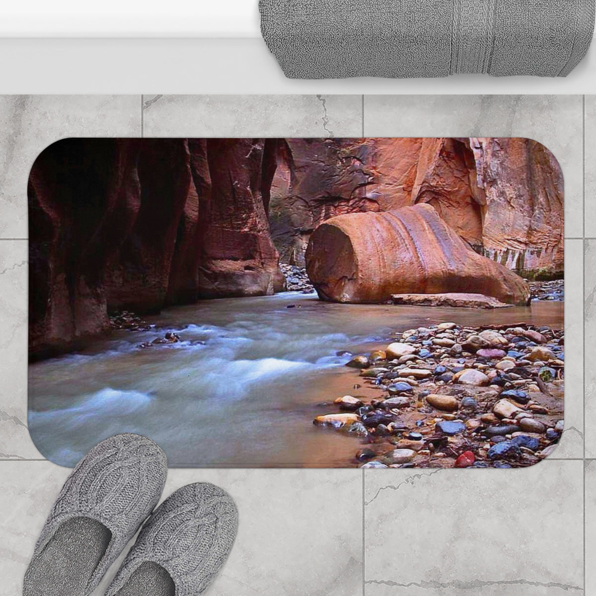 River Canyon Bath Mat — Tranquil Stream and Pebble Scenic Bathroom Rug