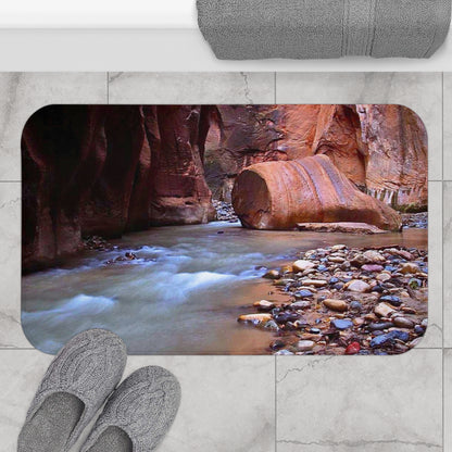 River Canyon Bath Mat — Tranquil Stream and Pebble Scenic Bathroom Rug