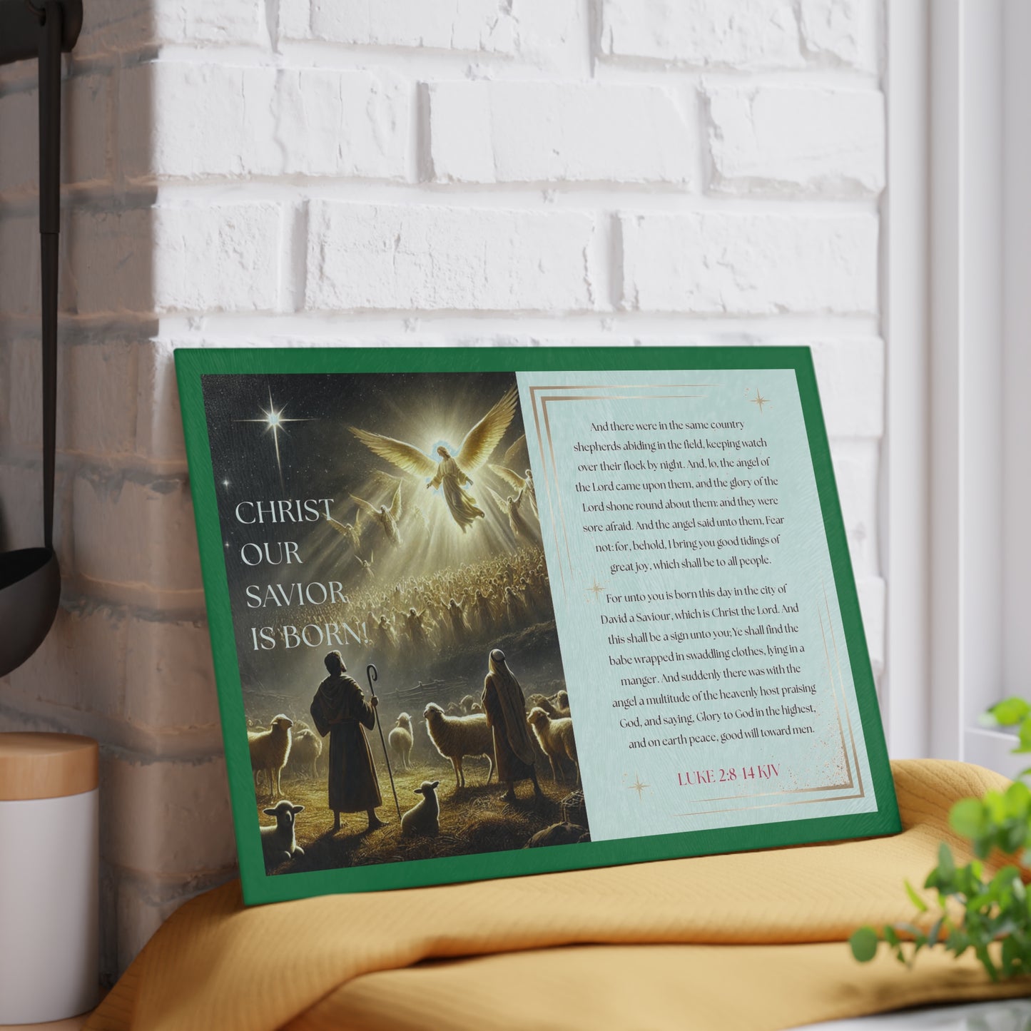 Tempered Glass Cutting Board Dark Green Background — Nativity Angels & Luke 2:11-14 (Christmas Kitchen Decor)