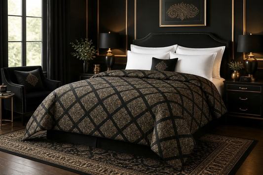 Vintage Damask Lattice Comforter – Brown Ornate Pattern Bedspread