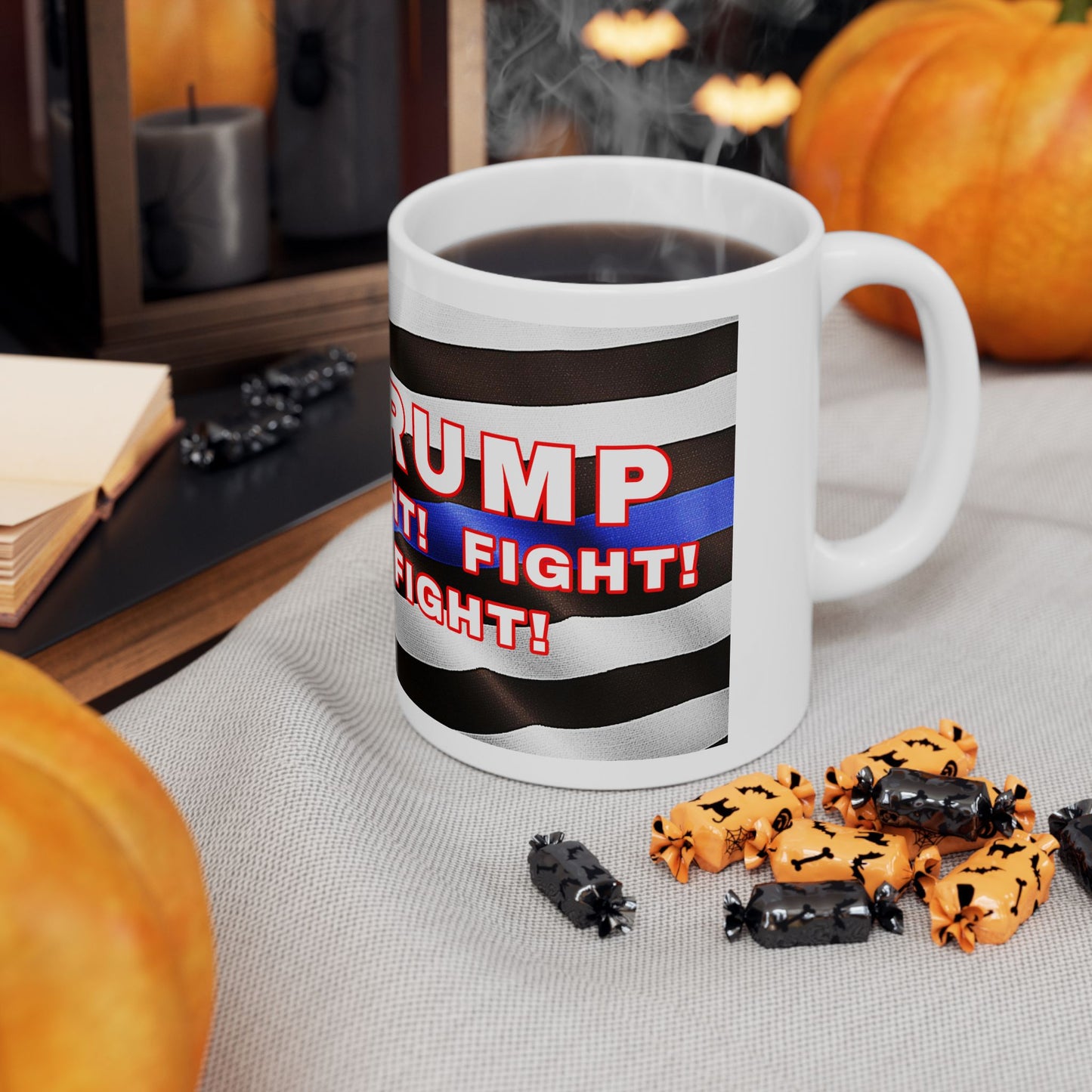 TRUMP LAW ENFORCEMENT BACKGROUND FIGHT! FIGHT! FIGHT! W/TRUMP IMAGE WHITE CERAMIC MUG 2 SIZES - FREE SHIPPING