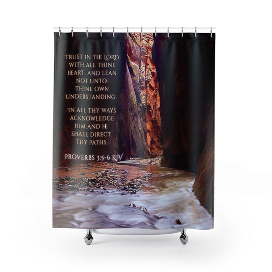 Proverbs 3:5-6 Shower Curtain — Trust in the Lord Stone Canal Cinzel Deco Short Scenic River Bathroom Decor