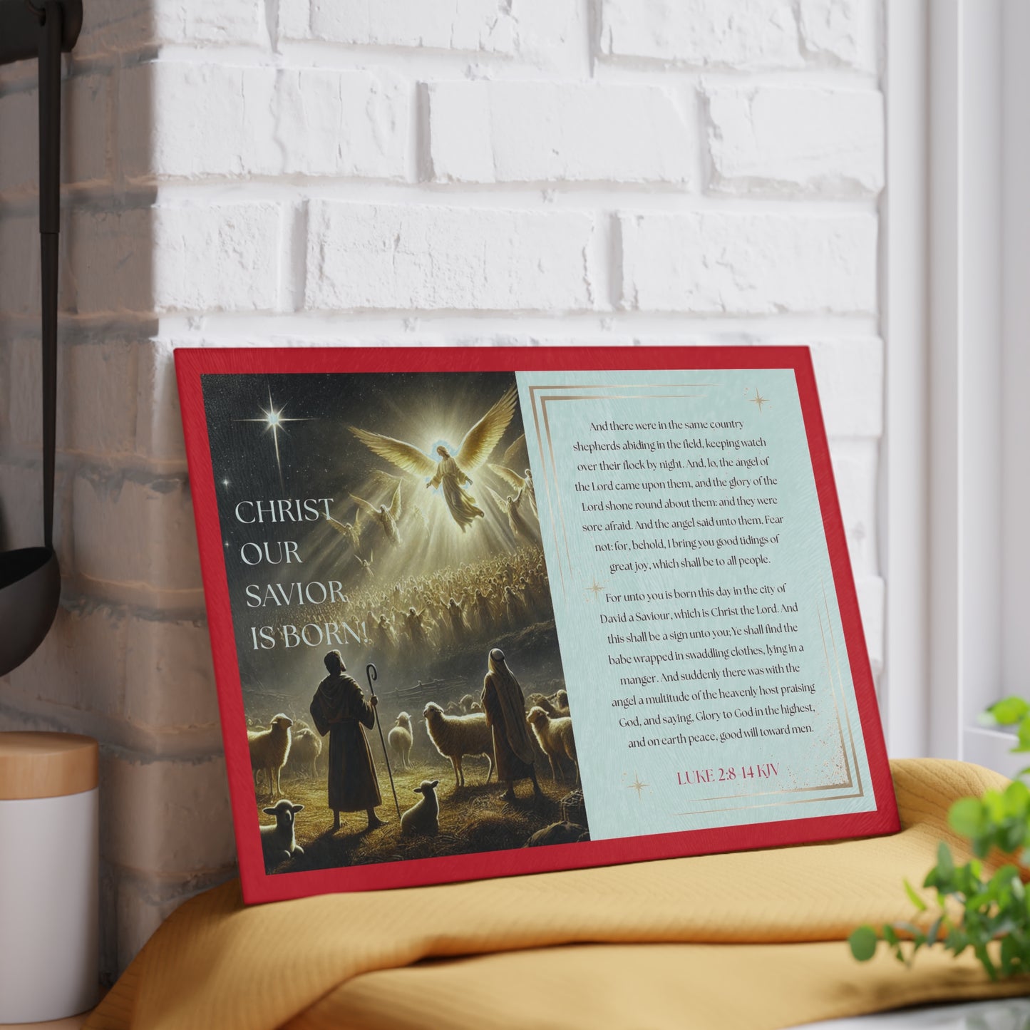 Tempered Glass Cutting Board Dark Red Background — Nativity Angels & Luke 2:11-14 (Christmas Kitchen Decor)