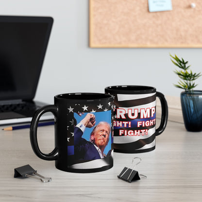 TRUMP LAW ENFORCEMENT FLAG BACKGROUND FIGHT! FIGHT! FIGHT! W/TRUMP IMAGE BLACK CERAMIC MUG 2 SIZES - FREE SHIPPING