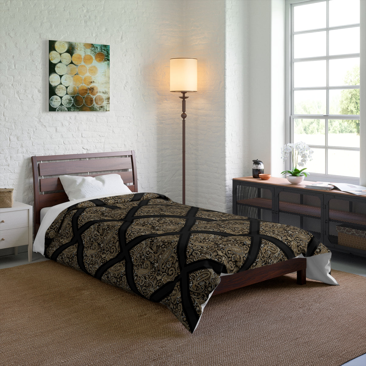 Vintage Damask Lattice Comforter – Brown Ornate Pattern Bedspread