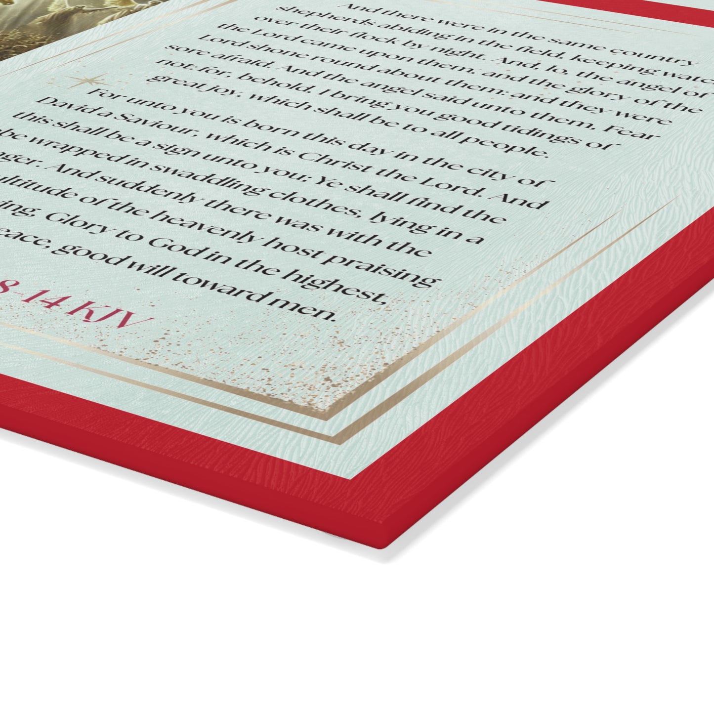 Tempered Glass Cutting Board Dark Red Background — Nativity Angels & Luke 2:11-14 (Christmas Kitchen Decor)