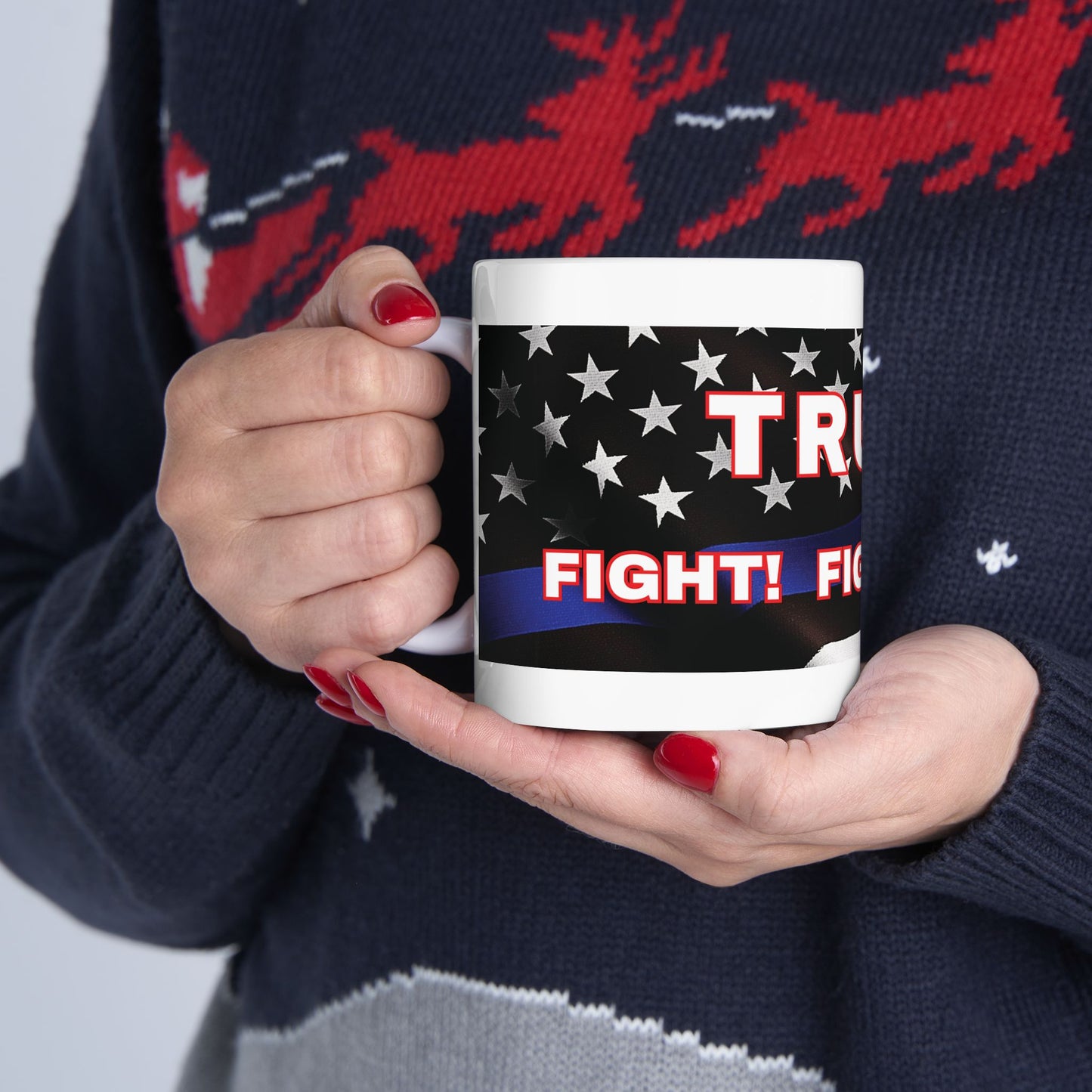 TRUMP LAW ENFORCEMENT FLAG BACKGROUND FIGHT! FIGHT! FIGHT! WHITE CERAMIC MUGS 2 SIZES - FREE SHIPPING