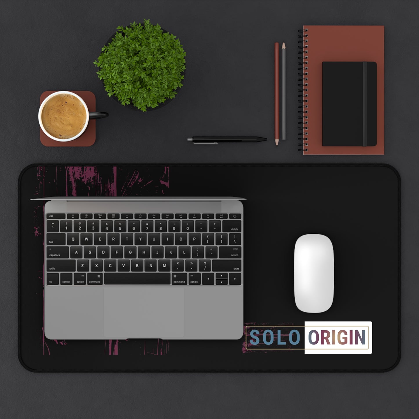 Desk Mat - Minimal Black Mouse Pad with "SOLO ORIGIN" Logo