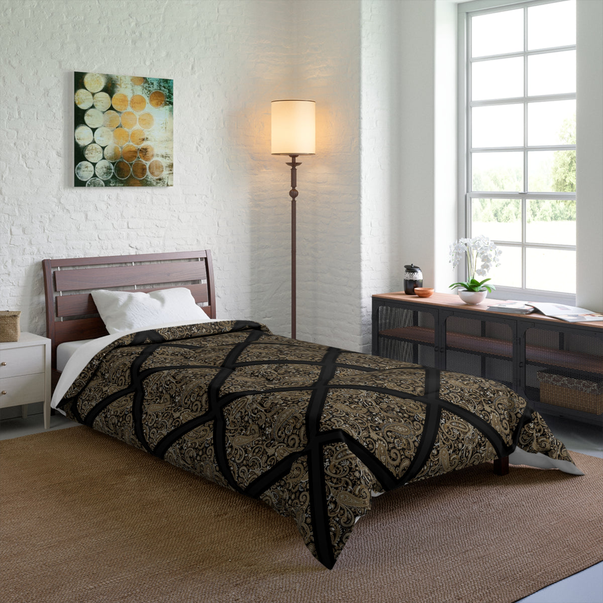 Vintage Damask Lattice Comforter – Brown Ornate Pattern Bedspread