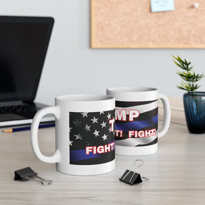 TRUMP LAW ENFORCEMENT FLAG BACKGROUND FIGHT! FIGHT! FIGHT! WHITE CERAMIC MUGS 2 SIZES - FREE SHIPPING