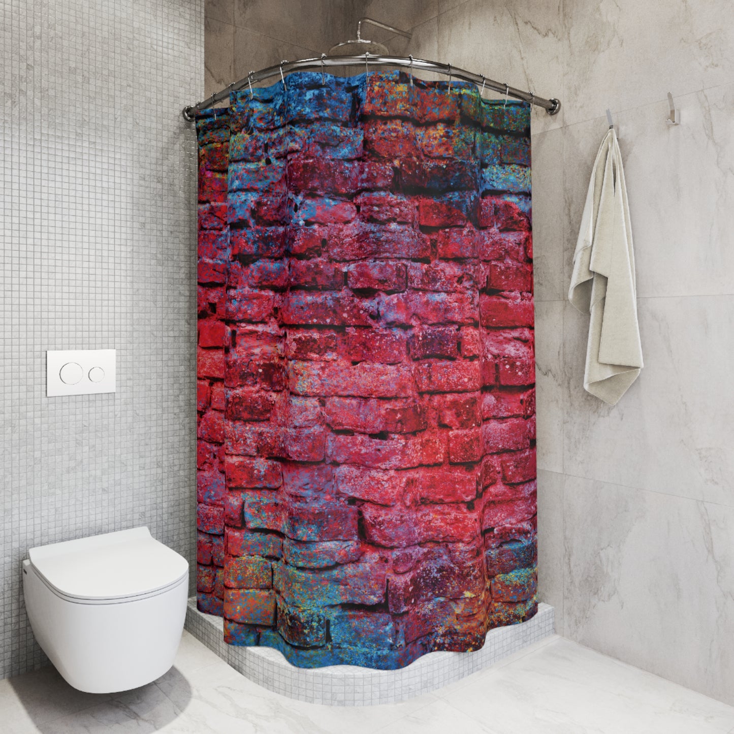 Bold Red Brick Shower Curtain — Urban Graffiti Bathroom Decor