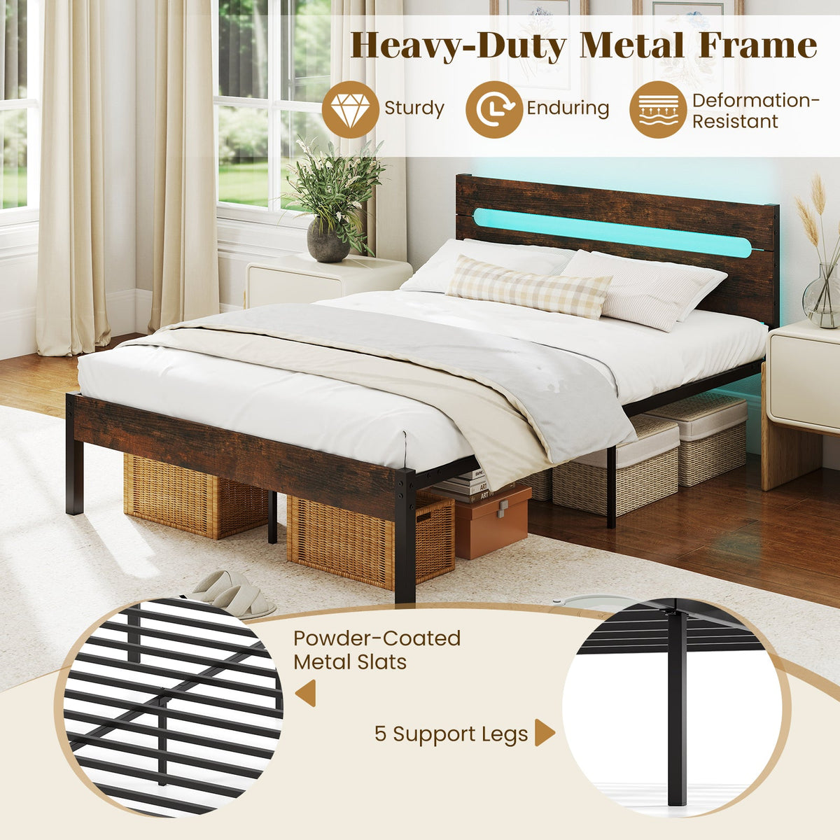 Heavy-Duty Metal Slats Support Bed Platform with Charging Station