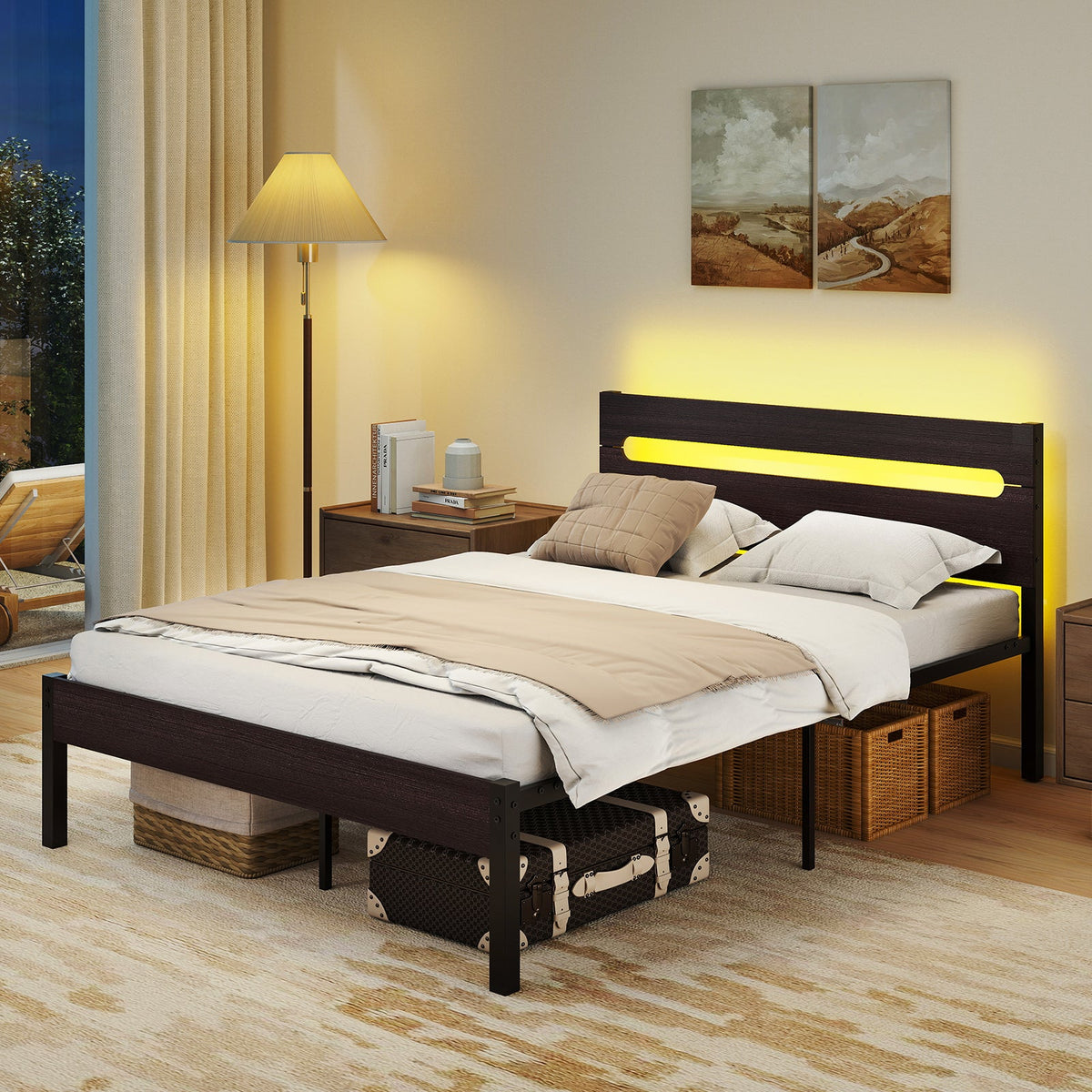Heavy-Duty Metal Slats Support Bed Platform with Charging Station
