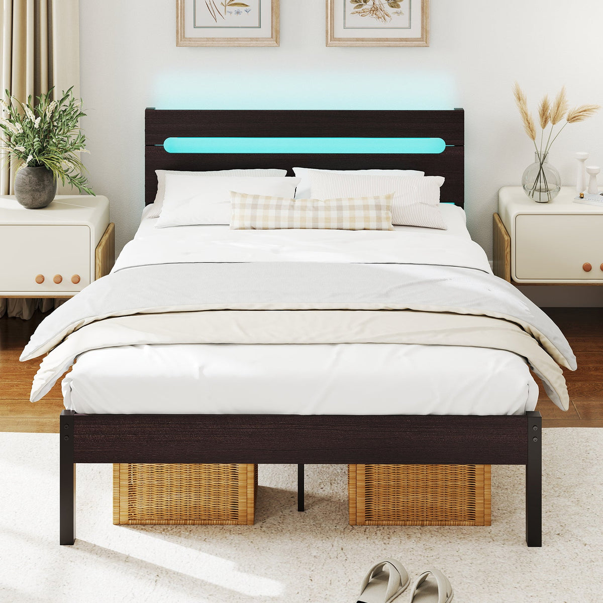 Heavy-Duty Metal Slats Support Bed Platform with Charging Station
