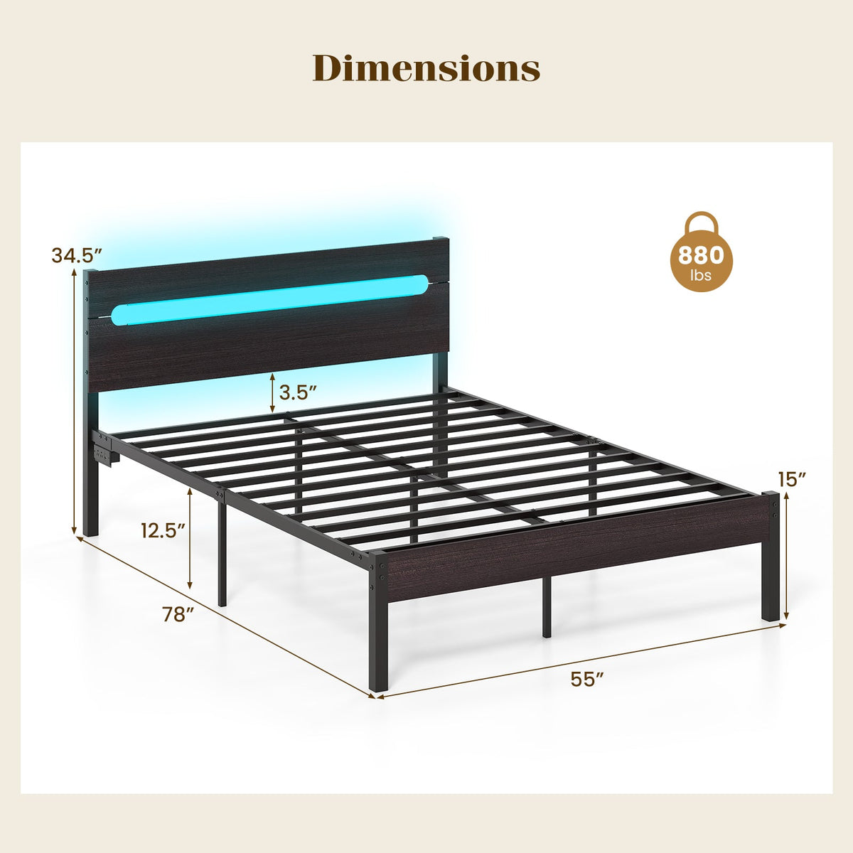 Heavy-Duty Metal Slats Support Bed Platform with Charging Station